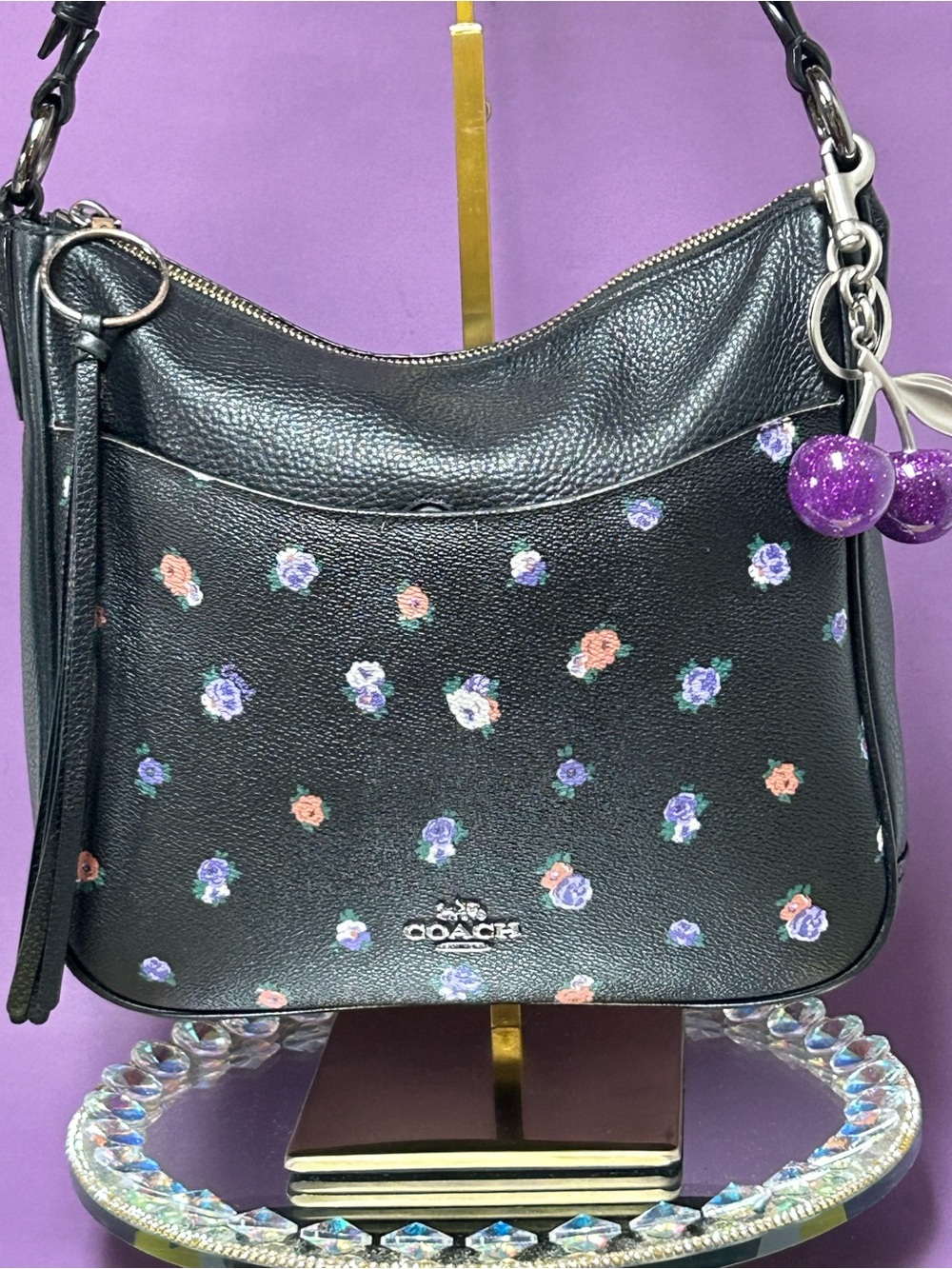 Coach Black Pebbled Leather Shoulder Bag w/Floral Print Approx. 12 x 9.5 x 3